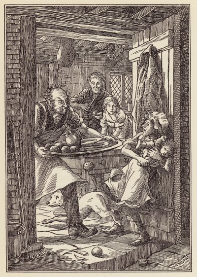 Ilustrace k románu Cvrček na krbu od Charlese Dickense (barevná litografie) od Francis Donkin Bedford
