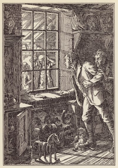 Ilustrace k románu Cvrček na krbu od Charlese Dickense (barevná litografie) od Francis Donkin Bedford