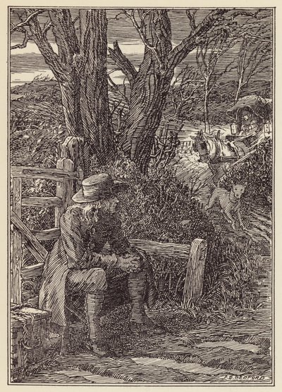 Ilustrace k románu Cvrček na krbu od Charlese Dickense (barevná litografie) od Francis Donkin Bedford