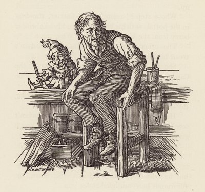 Ilustrace k románu Cvrček na krbu od Charlese Dickense (barevná litografie) od Francis Donkin Bedford