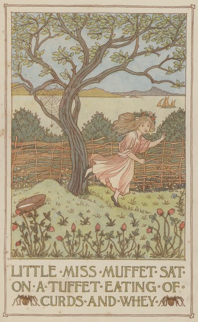 Slečna Muffet sedí na tácku a jí tvaroh a syrovátku (barevná litografie) od Francis Donkin Bedford