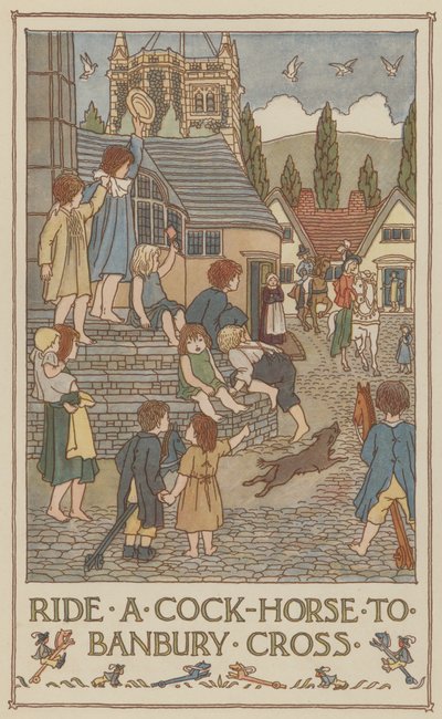 Jízda na kohoutím koni na Banbury Cross (barevná litografie) od Francis Donkin Bedford