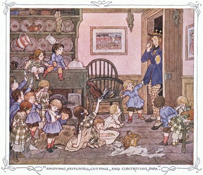 "Stříhání, sešívání, stříhání a vymýšlení, tati", z knihy The Magic Fishbone pub.by Warne  Co, cca 1940 (barevná litografie) od Francis Donkin Bedford
