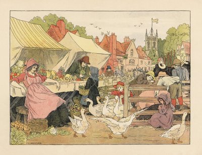 Viktoriánské děti nakupují zeleninu, honí husy a šťouchají do prasat na vesnickém trhu. Chromolitografie podle ilustrace Francise Donkina Bedforda z knihy Edwarda Verralla Lucase The Book of Shops. od Francis Donkin Bedford