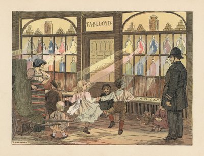Viktoriánské děti tančí před lékárnou a policista je pozoruje. Chromolitografie podle ilustrace Francise Donkina Bedforda z knihy Edwarda Verralla Lucase The Book of Shops. od Francis Donkin Bedford