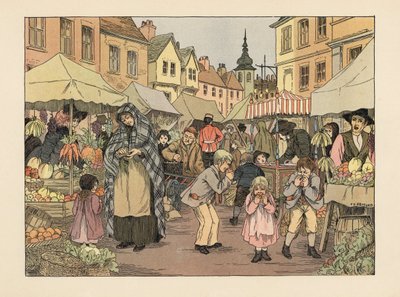 Viktoriánské děti jedí pomeranče za drobné ze stánků s ovocem a zeleninou na trhu v londýnském East Endu. Chromolitografie podle ilustrace Francise Donkina Bedforda z knihy Edwarda Verralla Lucase The Book of Shops. od Francis Donkin Bedford