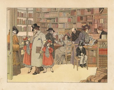 Viktoriánští zákazníci v knihkupectví. Chromolitografie podle ilustrace Francise Dorkina Bedforda z knihy Edwarda Verralla Lucase The Book of Shops, Grant Richards, Londýn. od Francis Donkin Bedford