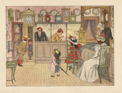 Viktoriánská rodina u hodinářů. Děti si hrají na dědečkovy hodiny, zatímco úředník opravuje hodinky. Chromolitografie podle ilustrace Francise Donkina Bedforda z knihy Edwarda Verralla Lucase The Book of Shops. od Francis Donkin Bedford