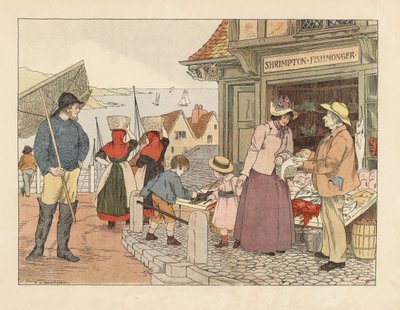 Viktoriánský obchod s rybami nedaleko nábřeží. Rybáři v holínkách se sítí a rybářky v teniskách. Chromolitografie podle ilustrace Francise Donkina Bedforda z knihy Edwarda Verralla Lucase The Book of Shops. od Francis Donkin Bedford