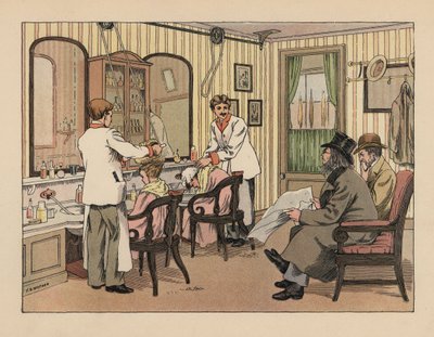 Viktoriánští pánové si v holičství nechávají mýt vlasy šamponem a upravovat je strojkem. Chromolitografie podle ilustrace Francise Donkina Bedforda z knihy Edwarda Verralla Lucase The Book of Shops. od Francis Donkin Bedford
