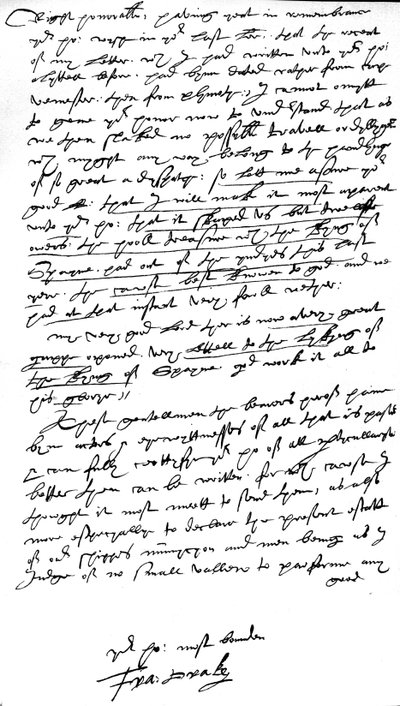 Dopis Williamu Cecilovi, lordu Burghleymu, lordu vrchnímu pokladníkovi, napsaný na palubě jeho vlajkové lodi „Elizabeth Bonaventure“ v Plymouthu, 26. července 1586 (pero a inkoust na papíře) od Francis Drake