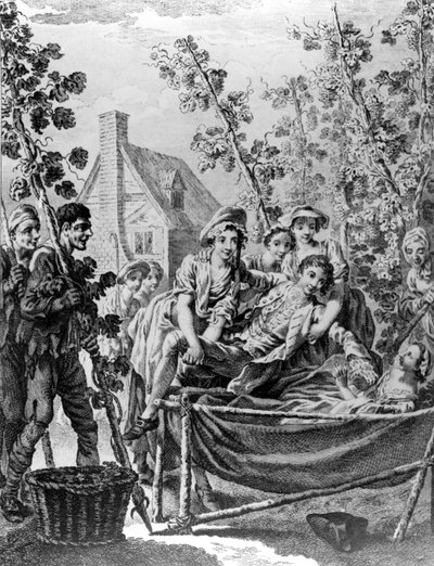 Chmelová zahrada, ilustrace k "Básním k několika příležitostem" od Christophera Smarta, vyryl Charles Grignion, 1752 od Francis Hayman