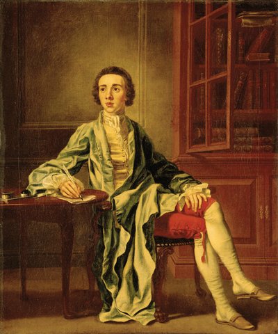 Portrét Josepha Henryho ze Straffan, Co. Kildare, celovečerní, sedí u stolu a píše dopis, v modrém kabátě, žluté vestě a červených kalhotách, vedle knihovny od Francis Hayman