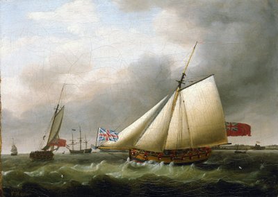 Loď "Fly" a další lodě jižně od Downs (Anglie) s vlajkou Union Jack. Olej na plátně od Francis Holman