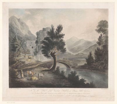 Pohled na jezero Keswick s Lodore Falls Vzdálený pohled na Fall of Lowdore s částí jezera Keswick v Cumberlandu (název na objektu) od Francis Jukes