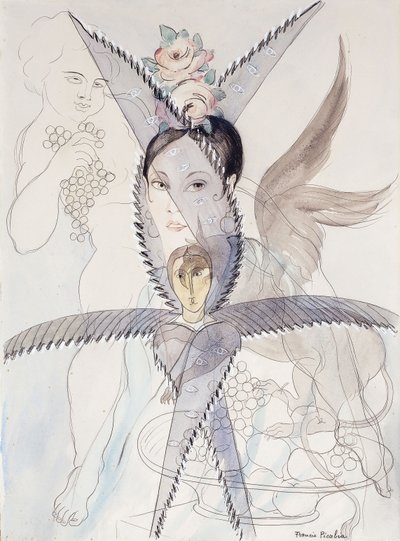 Transparence - Hlava a okřídlený kůň; Transparence - Tete et Cheval Aile, asi 1928 (akvarel, kvaš, černá křída a tužka na papíře) od Francis Picabia