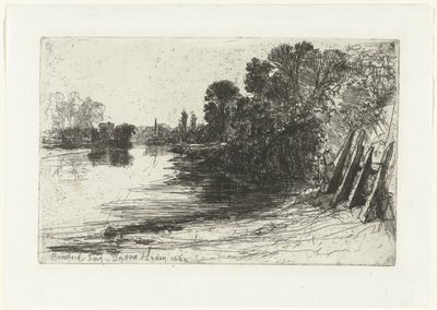 Bank of the Thames v Brentfordu Brentford Ferry (název na objektu) od Francis Seymour Haden (Sir) (signed by artist)