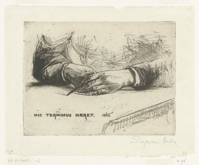 Dvě ruce, kreslení křídou Ruce držící pastelku Hic Terminus Haeret (název na objektu) od Francis Seymour Haden (Sir) (signed by artist)