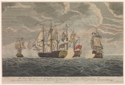 Statečný kapitán Tyrrel na lodi "Buckingham" s 66 děly a 472 muži poráží 3. listopadu 1758 tři francouzské válečné lodě "Florissant", "Aigrette" a "Atlante". od Francis Swaine