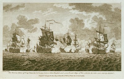 Dvanáct tisků námořních zásnub. Slavná bitva u mysu Francois 21. října 1757 mezi Angličany a sedmi francouzskými válečnými loděmi, při níž byli Angličané zcela poraženi. (lept) od Francis Swaine