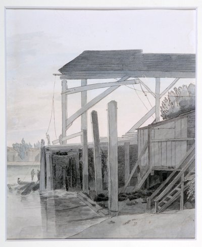 A Wharf, cca 1800 (pero a inkoust s akvarelem na papíře) od Francis Towne