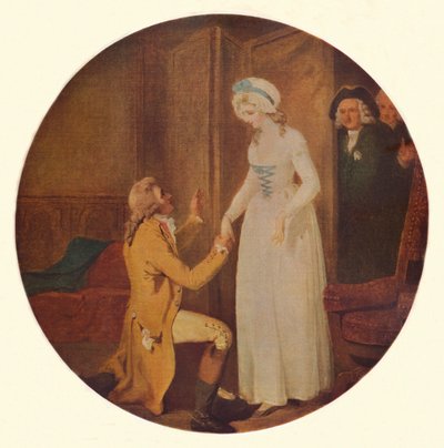 Young Marlow a slečna Hardcastleová: Scéna z toho, jak se sklání k dobytí, Oliver Goldsmith Act V, Sc od Francis Wheatley