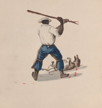 Muž při pohledu zezadu mlátící psa holí, ze skupiny kreseb znázorňujících..., ca. 1848 od Francisco