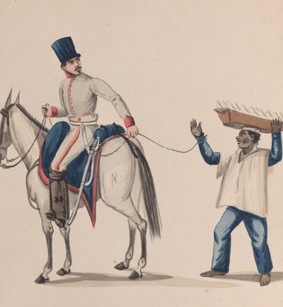 Voják na koni držící lano, které zajišťuje domorodého otroka vyvažujícího talíř..., ca. 184 od Francisco