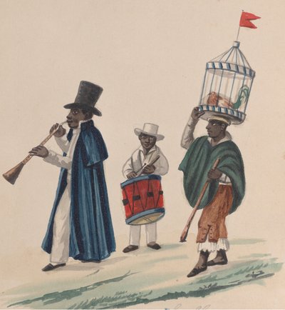 Dva hudebníci a muž nesoucí na hlavě kohouta v kleci, ze skupiny..., ca. 1848. od Francisco