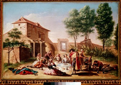 Oběd na venkově: mladí lidé z buržoazie hrají piknik. Obraz Francisco Bayeu y Subias od Francisco Bayeu y Subias