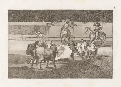 Banderillas de Fuego (Banderillas s petardami), deska 31 z býčích zápasů od Francisco de Goya