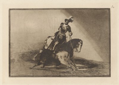 Carlos V. Kopí býka na náměstí Plaza de Valladolid (Charles V. Kopí býka v prstenu ve Valladolidu), deska 10 z La tauromaquia od Francisco de Goya