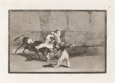 Cogida de un moro estando en la plaza (Moor chycený býkem v ringu), deska 8 z La tauromaquia od Francisco de Goya