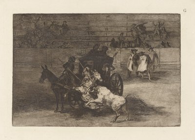 Bojujte v kočáru zapřaženém do dvou mezků, deska G z La tauromaquia (třetí vydání) od Francisco de Goya