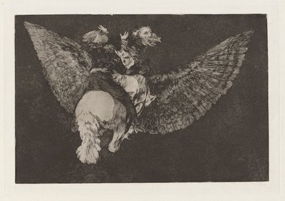 Nesmyslný leták (Flying Folly), také známý jako Renounce the Friend, který tě kryje křídly a kousne tě zobákem, ze série Los disparates (Los proverbios) od Francisco de Goya