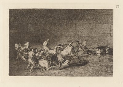 Dva týmy Picadorů vržené jeden po druhém jediným býkem, talíř 32 z La tauromaquia od Francisco de Goya
