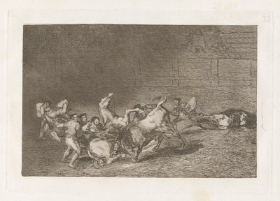 Dva týmy Picadorů vržené jeden po druhém jediným býkem, talíř 32 z La tauromaquia od Francisco de Goya