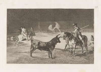 El c?lebre Fernando del Toro, barilarguero, nutící šelmu tyčí (Oslavovaný Picador, Fernando del Toro, přitahuje divokou bestii svým Piquem), Deska 27 z La tauromaquia od Francisco de Goya