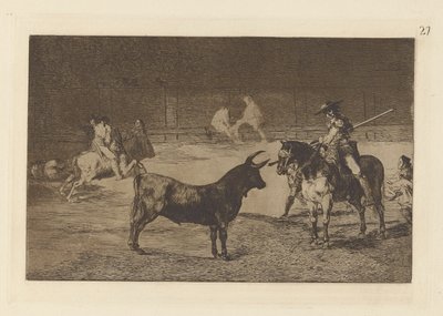 Slavný Fernando del Toro, barilarguero, nutit ? la Fiera con su garrocha (Oslavený Picador, Fernando del Toro, přitahuje divokou bestii se svým Piquem), Talíř 27 z La tauromaquia od Francisco de Goya