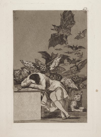 Sen o důvodu produkuje monstra. (The Sleep of Reason produkuje monstra.), pl. 43 ze série Rozmary od Francisco de Goya