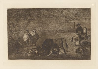 The Dogs Let Loose on the Bull, deska C z La tauromaquia (třetí vydání) od Francisco de Goya