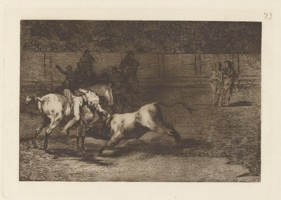 Mariano Ceballos, alias Indián, zabije býka ze svého koně (Mariano Ceballos, Alias ​​​​The Indian, Kills the Bull from his Horse), Plate 23 z La tauromaquia od Francisco de Goya