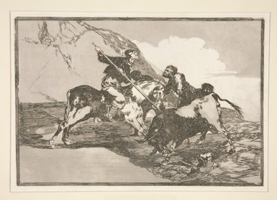 Jak staří Španělé lovili býky? kůň v poli (Způsob, jakým starověcí Španělé lovili býky na koni v otevřené zemi), pl. 1 ze série Býčí zápasy od Francisco de Goya