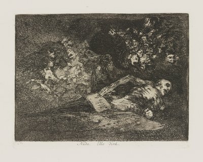 Žádný. Řekne to? (Nic. Událost napoví.), pl. 69 ze série The Disasters of War od Francisco de Goya