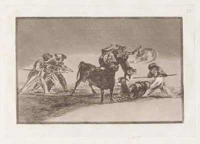 Palenque de los moros hecho con burros para defencese del toro embolado (Muři používají osly jako bariéru k obraně před býkem, jehož rohy byly ohnuty míčky), deska 17 z La tauromaquia od Francisco de Goya