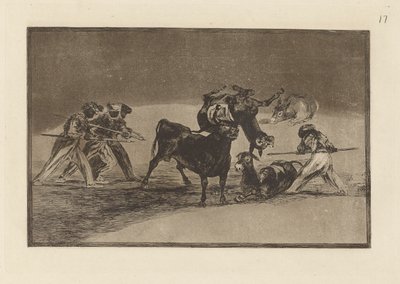 Palenque de los moros hecho con burros para defencese del toro embolado (Muři používají osly jako bariéru k obraně před býkem, jehož rohy byly ohnuty míčky), deska 17 z La tauromaquia od Francisco de Goya