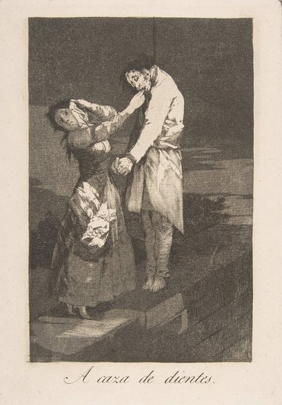 Talíř 12 z Los Caprichos: Hon na zuby A caza des dientes., 1799. od Francisco de Goya
