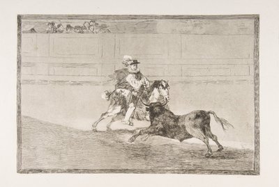 Deska 13 „Tauromaquia“: Španělský rytíř na koni v prstenu lámající krátká kopí ..., 1816. od Francisco de Goya