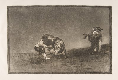Talíř 16 Tauromaquia: Tentýž muž hodí býka do ringu v Madridu., 1816. od Francisco de Goya