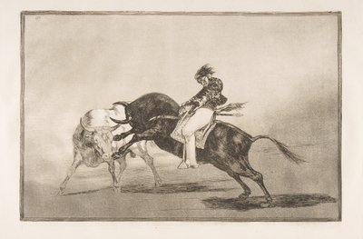 Talíř 24 Tauromaquia: Stejný Ceballos nasazený na jiném býkovi zlomí krátkou řeč..., 1816. od Francisco de Goya